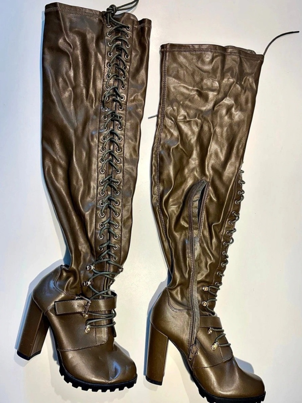 ShoeDazzle Over-the-Knee Lace-Up Boots, olive green size 7